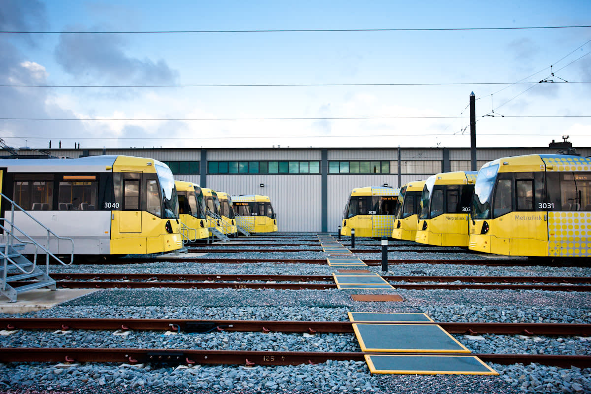 Metrolink trams lined up at the depot in Manchester