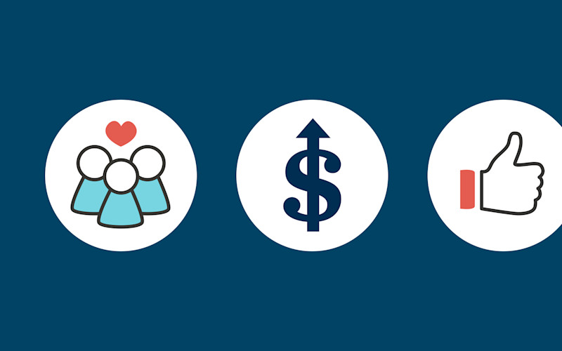 G 3 icons blue background people dollar sign thumbs up