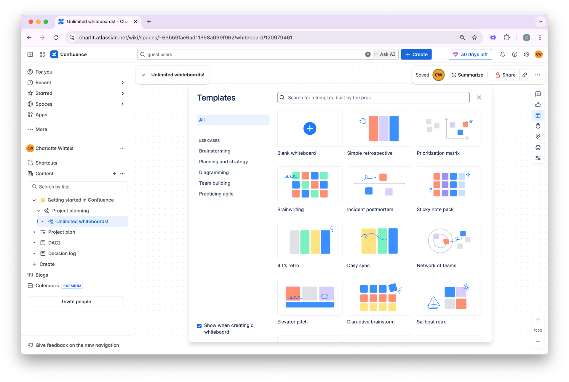 Preview of templates in Confluence whiteboard
