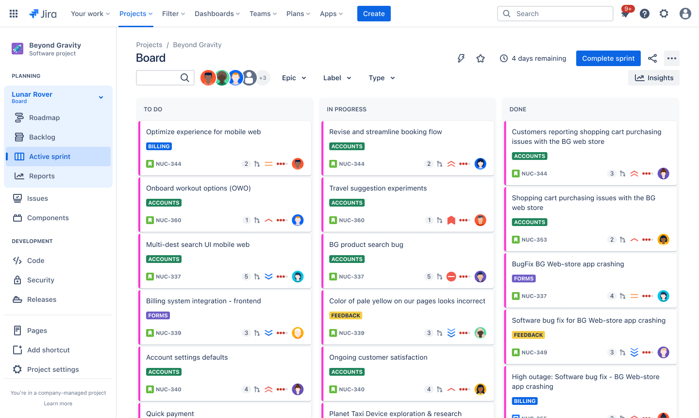 Screenshot of active sprint board in Jira