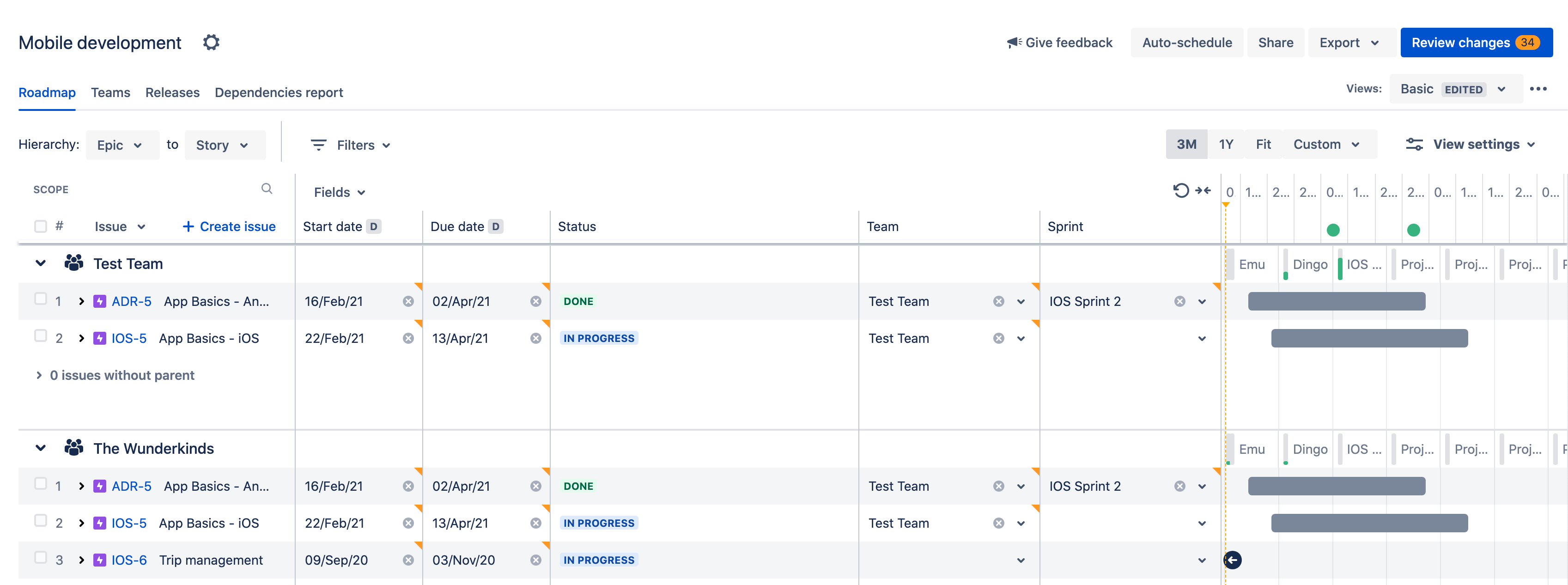 Screenshot of cross-team workflow within Jira Advanced Raodmaps