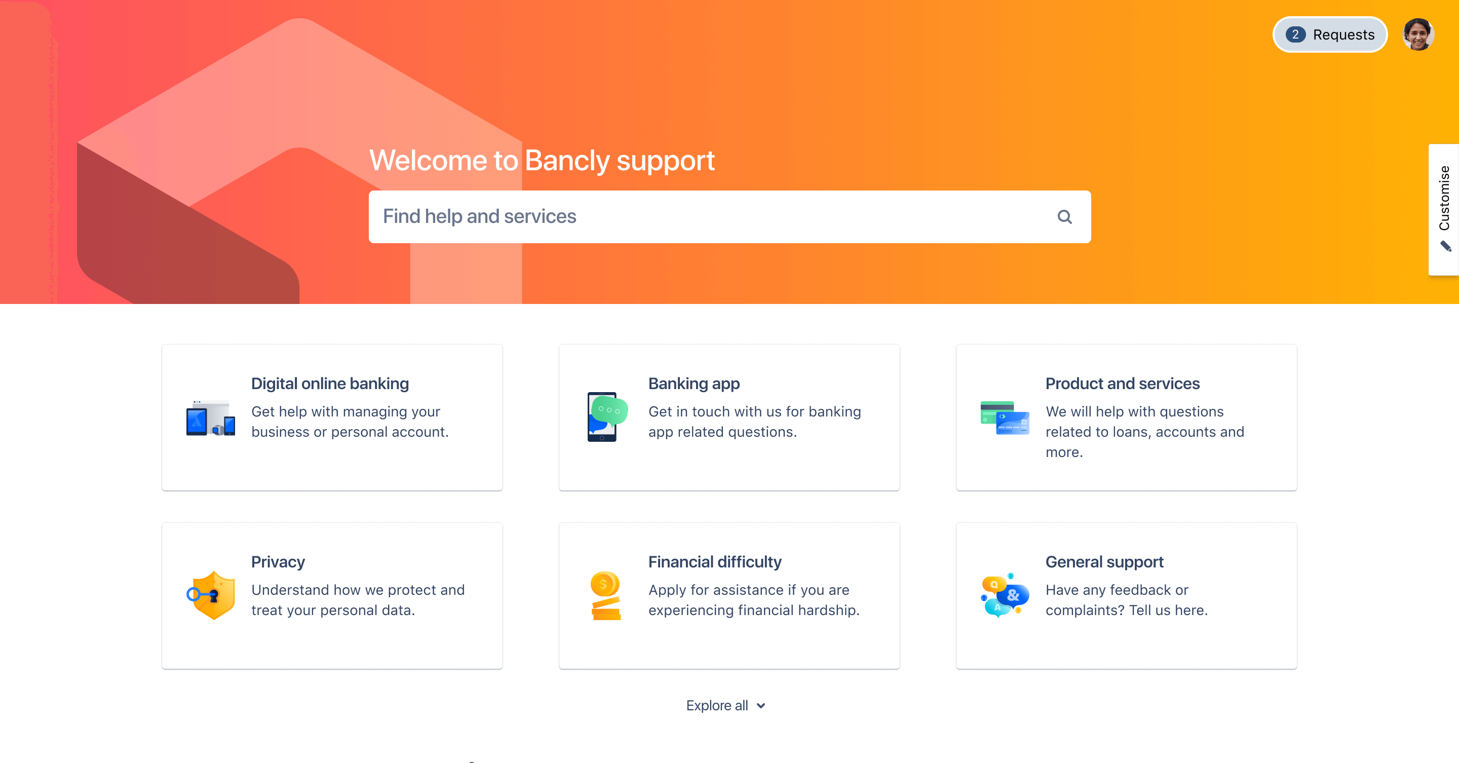 Screenshot of support portal