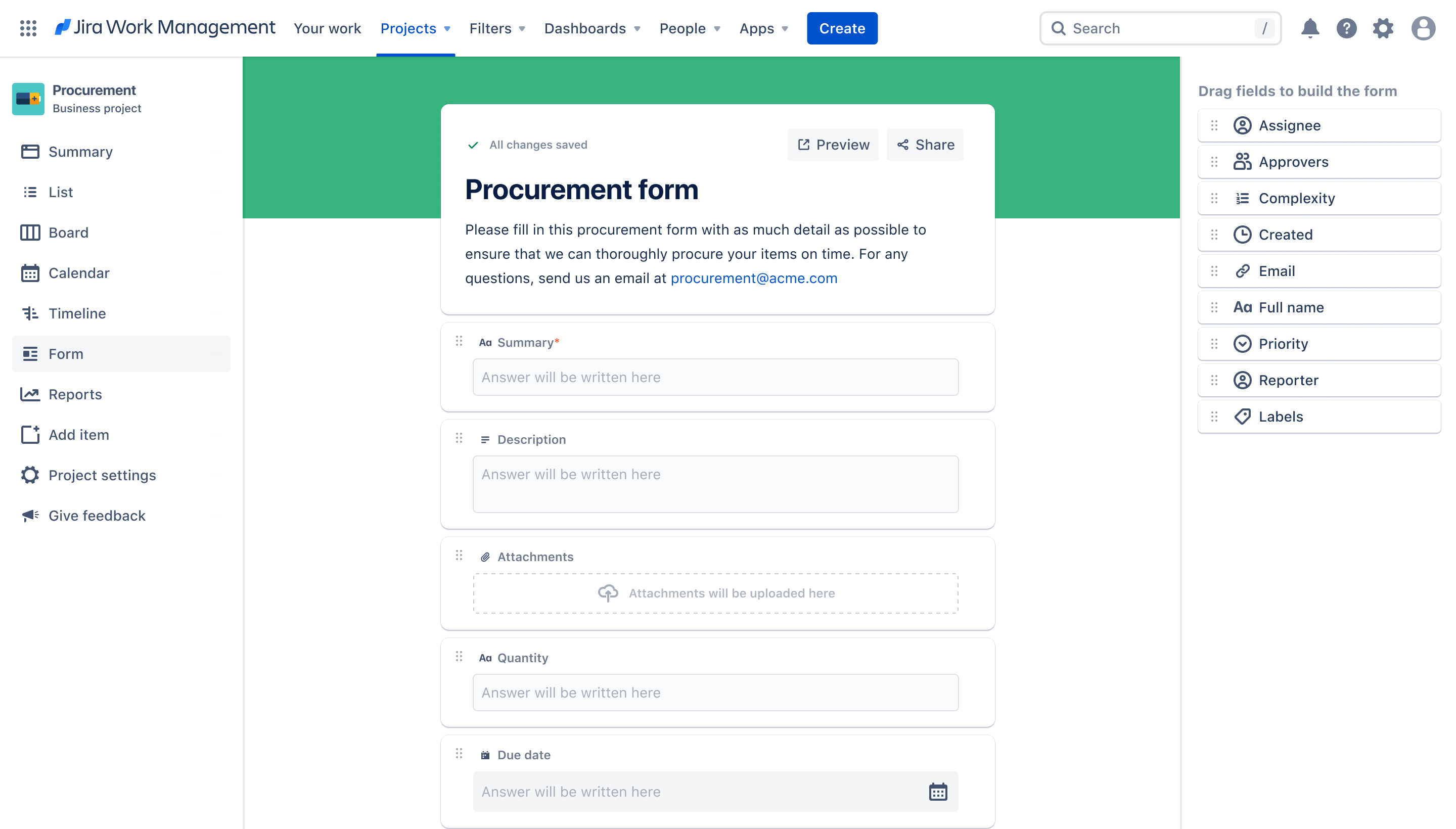 Screenshot of procurement form in Jira Work Management