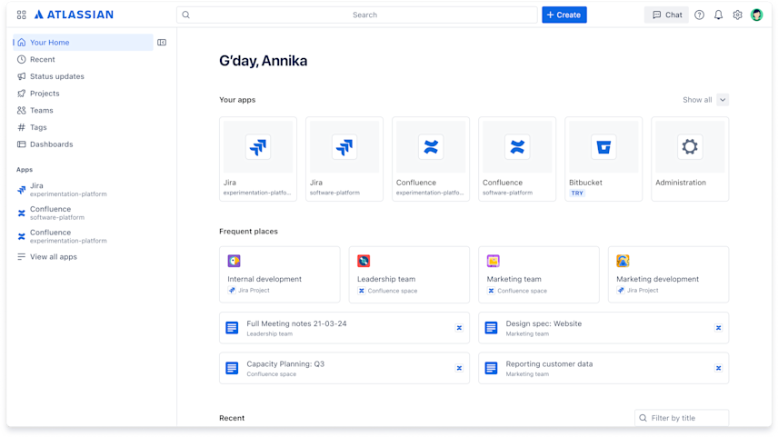 Atlassian Home, where employees can see a personalized view of their goals, progress, and more
