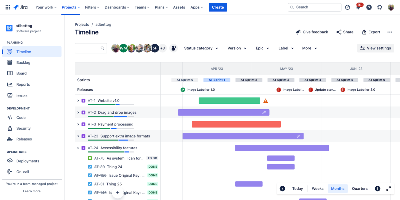 Screenshot of timeline in Jira