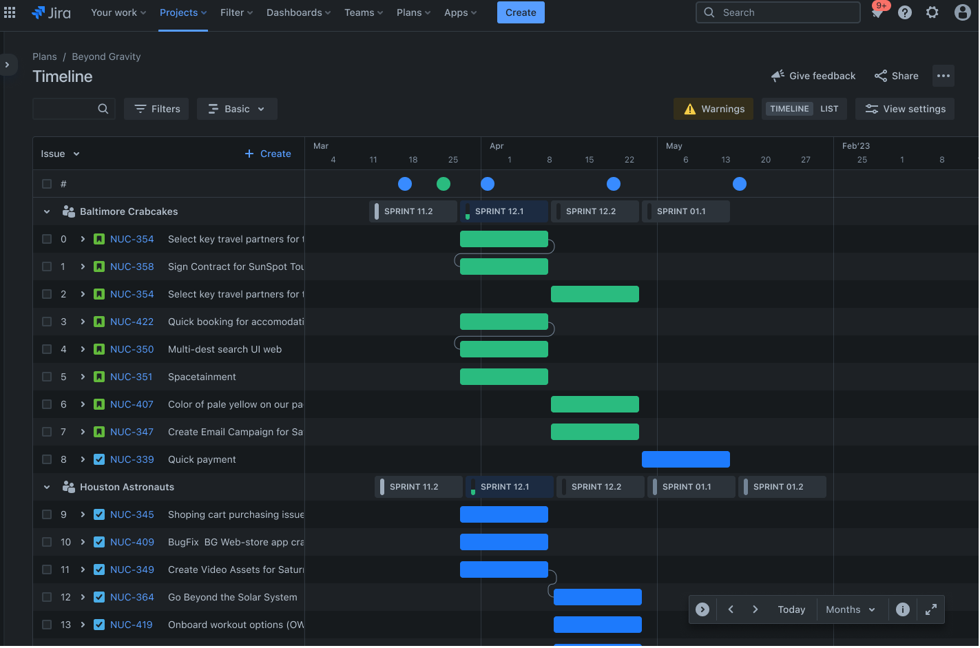 Screenshot of timeline in Jira in dark mode
