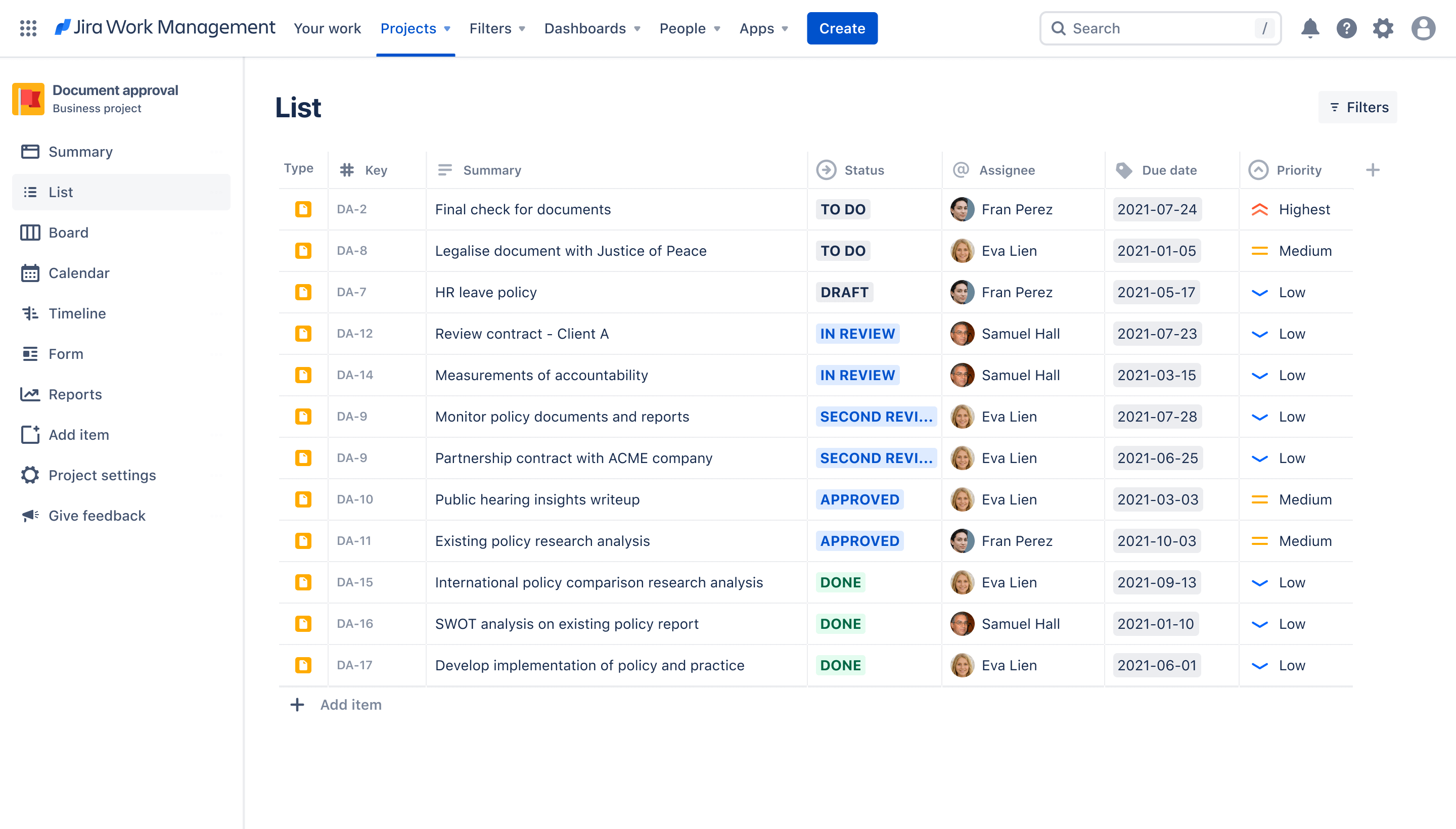Screenshot of list view in Jira Work Management