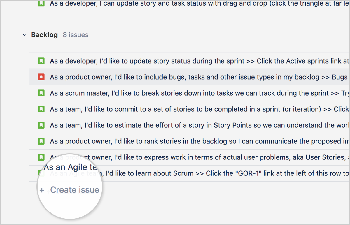 Create issue appears at the end of the Backlog issue list