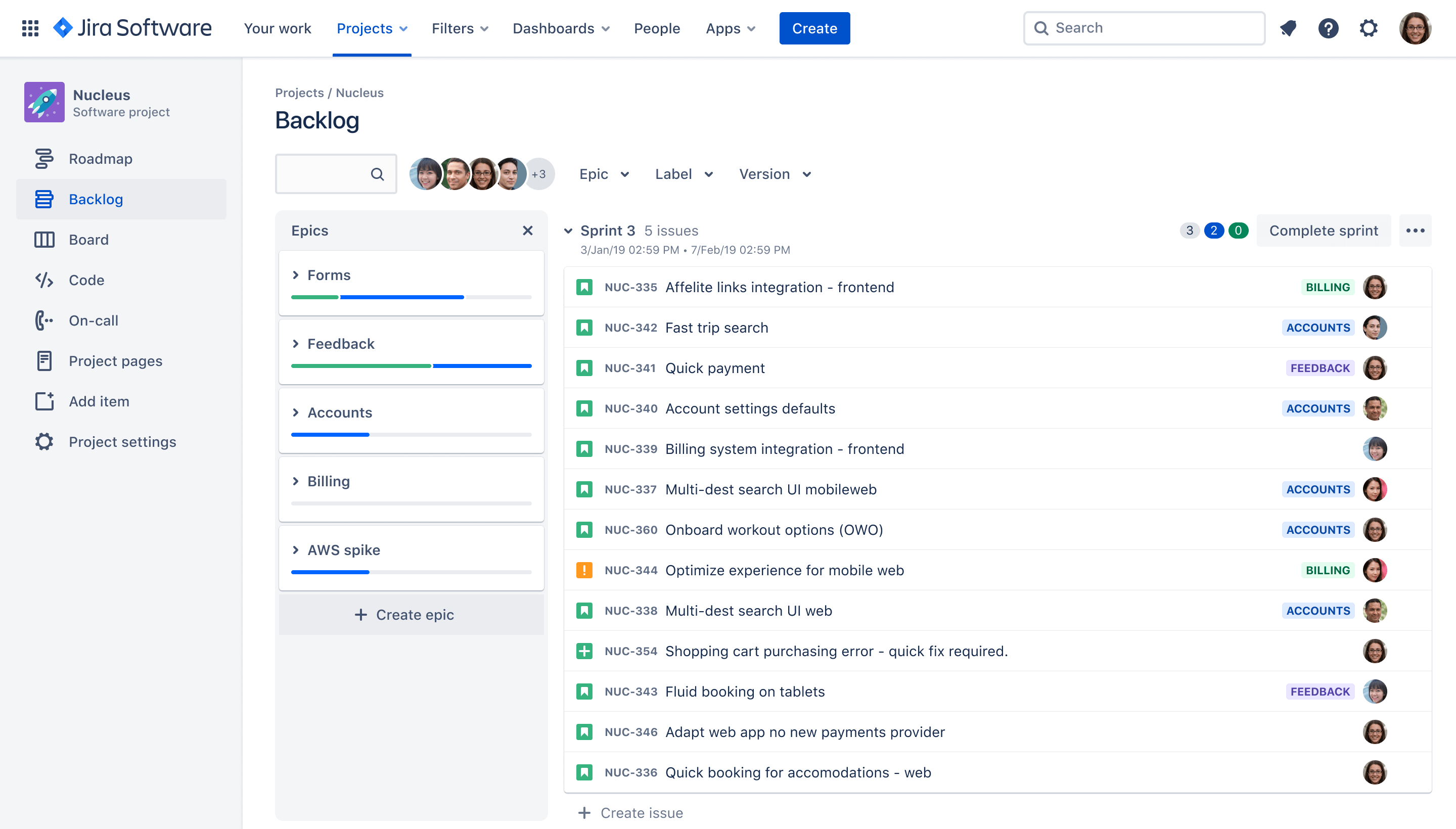 Screenshot of backlog in Jira