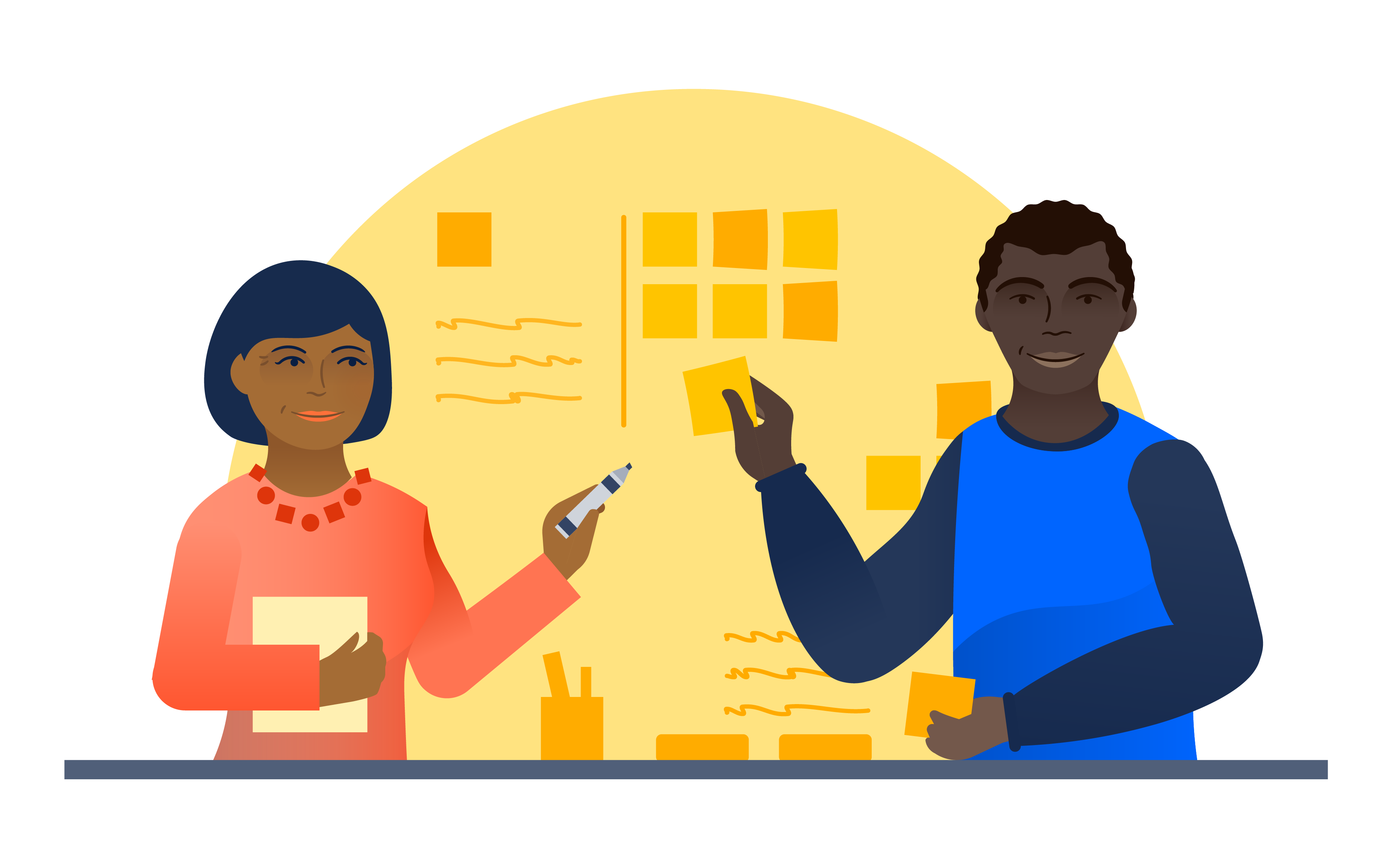 A product manager and product owner collaborate using sticky notes and pens | Atlassian Agile Coach