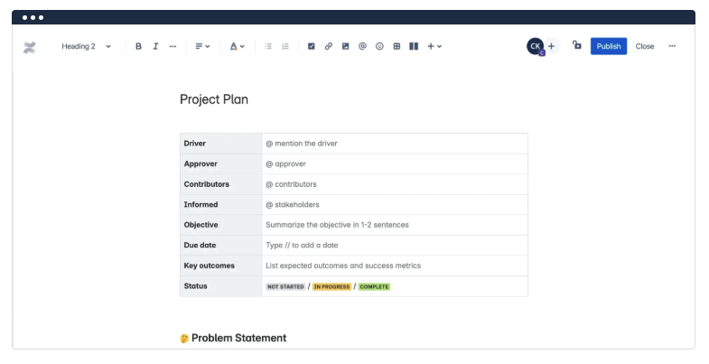 Preview of project plan template in Confluence
