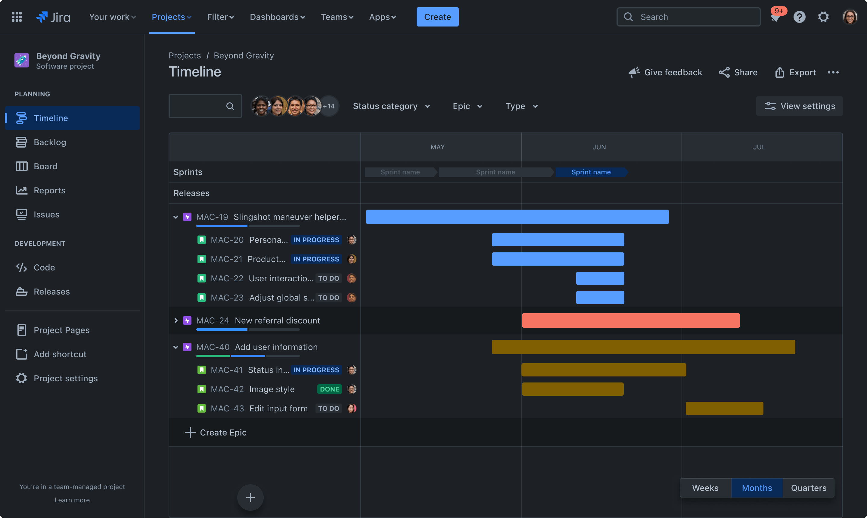 Preview of timeline in Jira dark mode