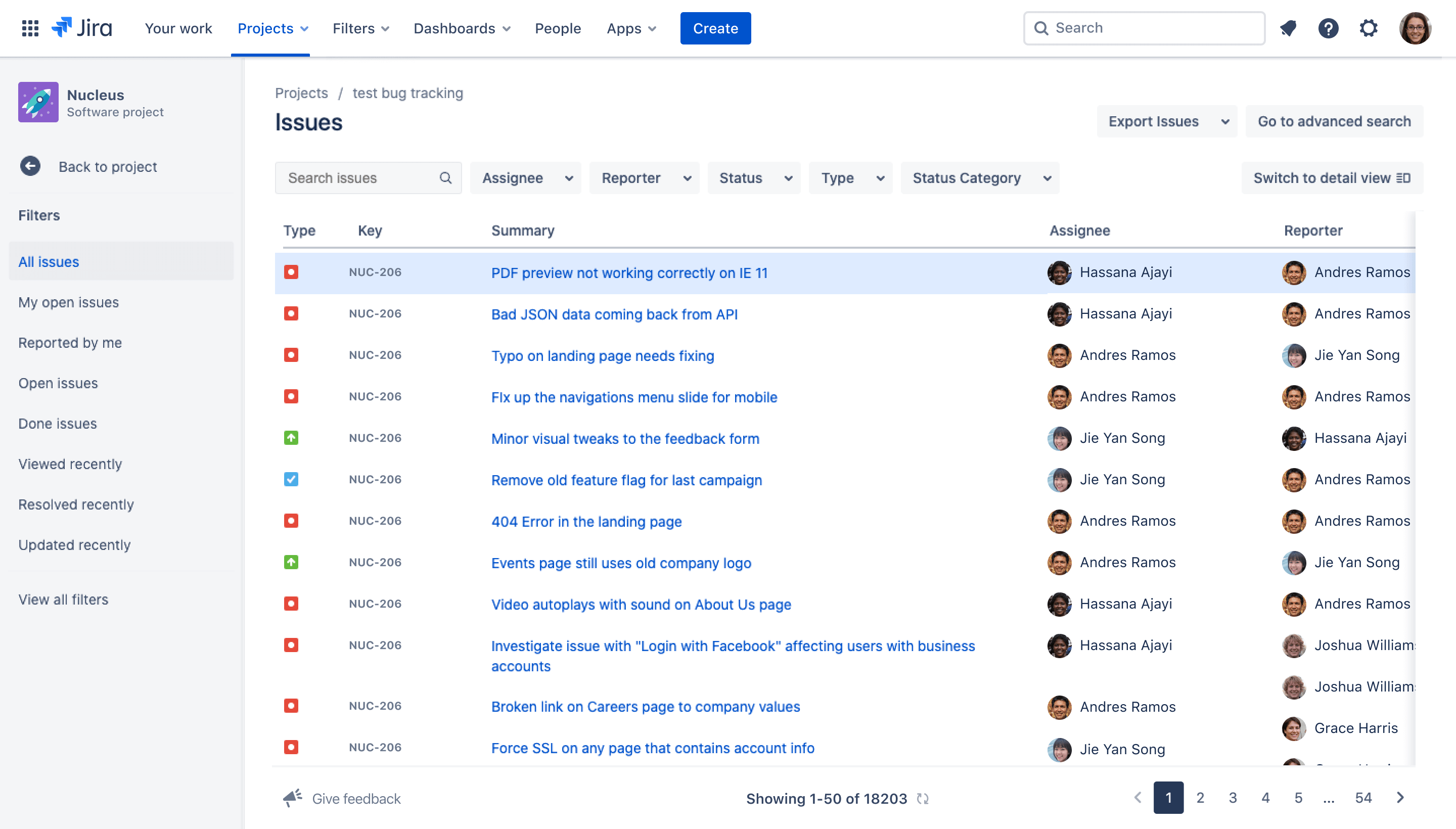 Screenshot of issues list in Jira