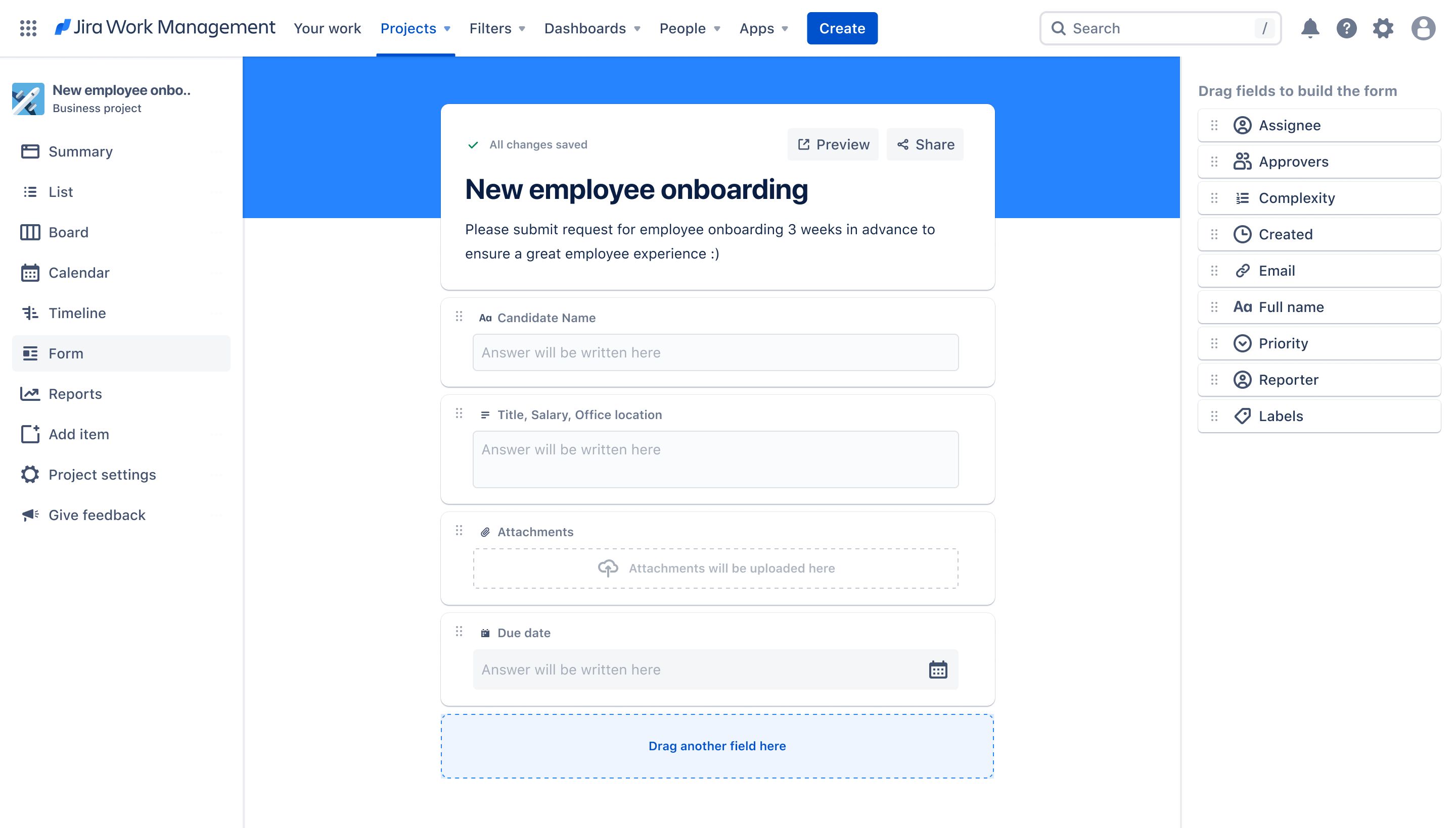 Screenshot of new employee onboarding form in Jira Work Management