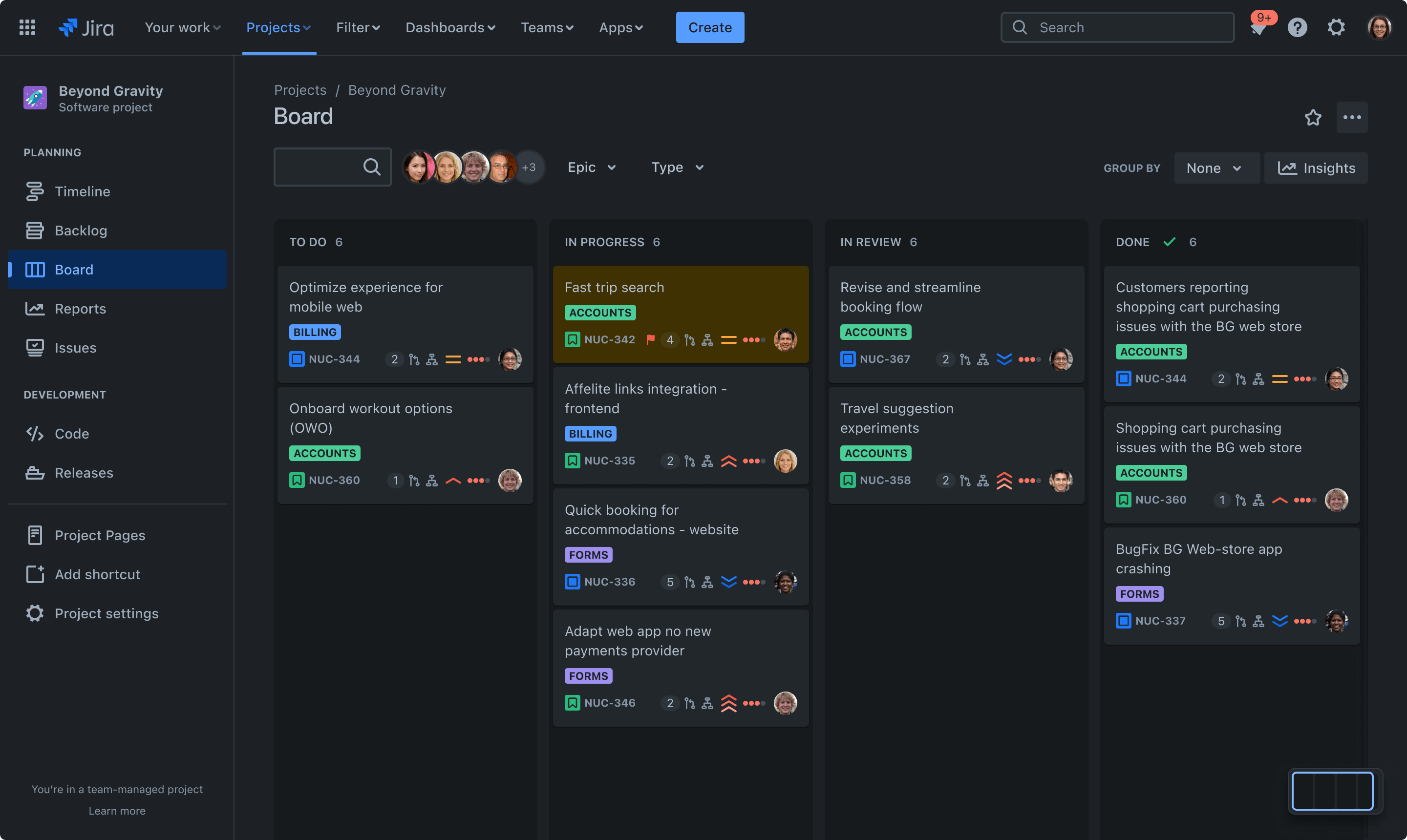 Preview of a Jira board in dark mode