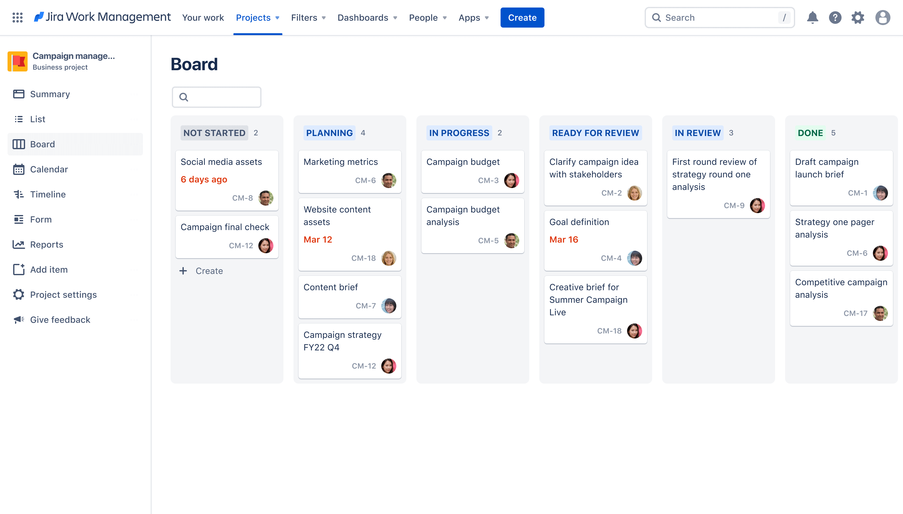 Screenshot of board view in Jira Work Management
