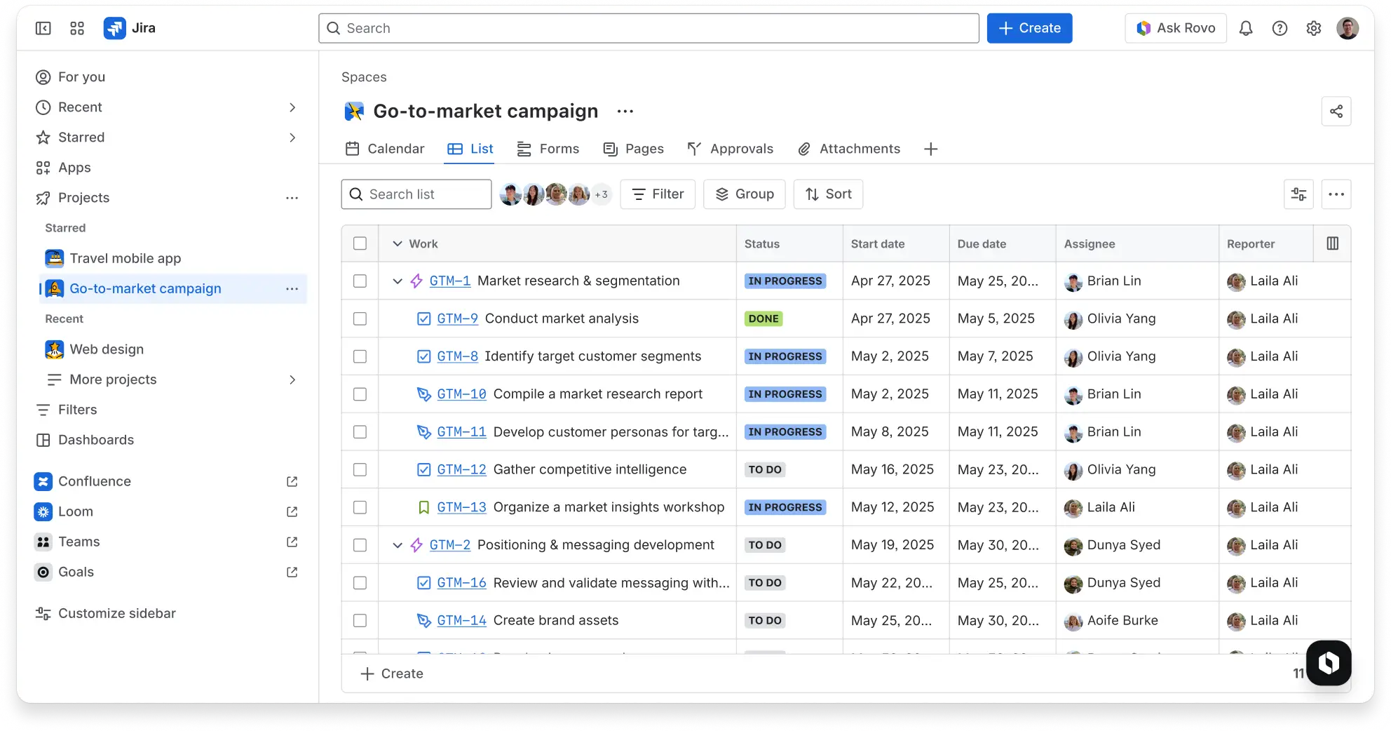 Screenshot of project list view in Jira