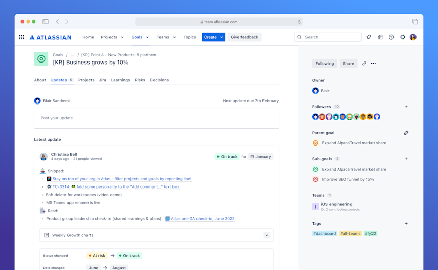 A snapshot from the Atlassian goals app