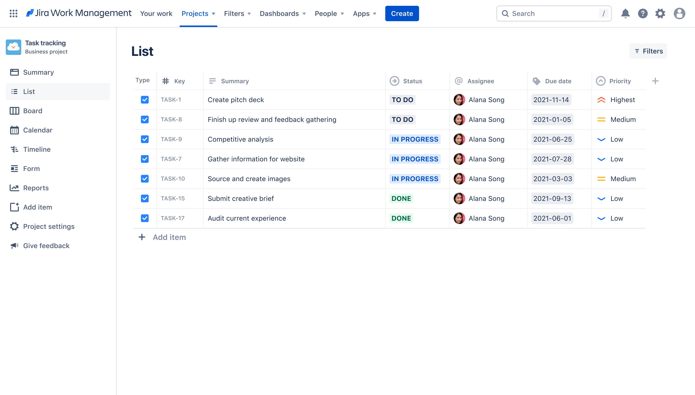 Screenshot of list view in Jira Work Management