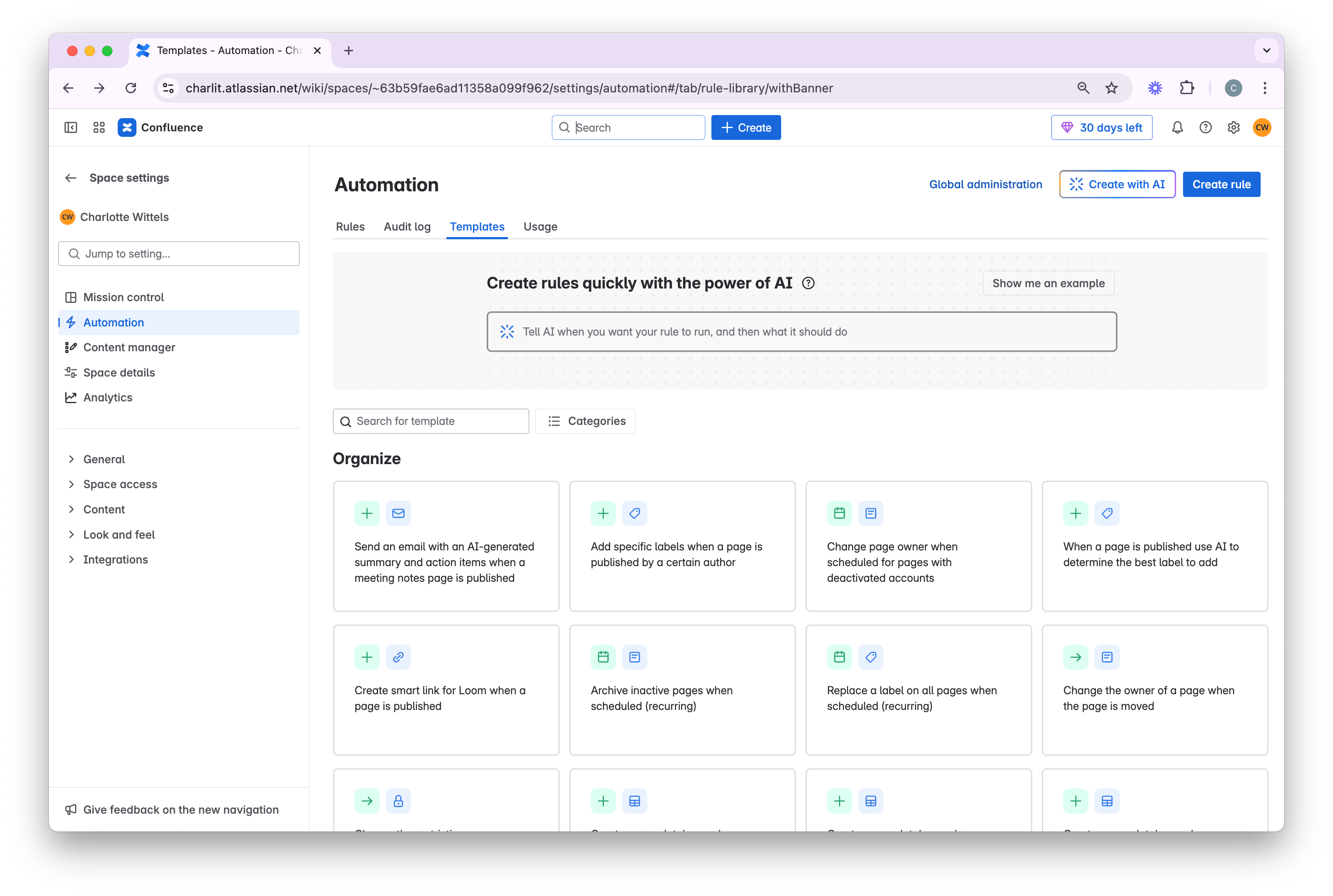 A preview in automation in Confluence