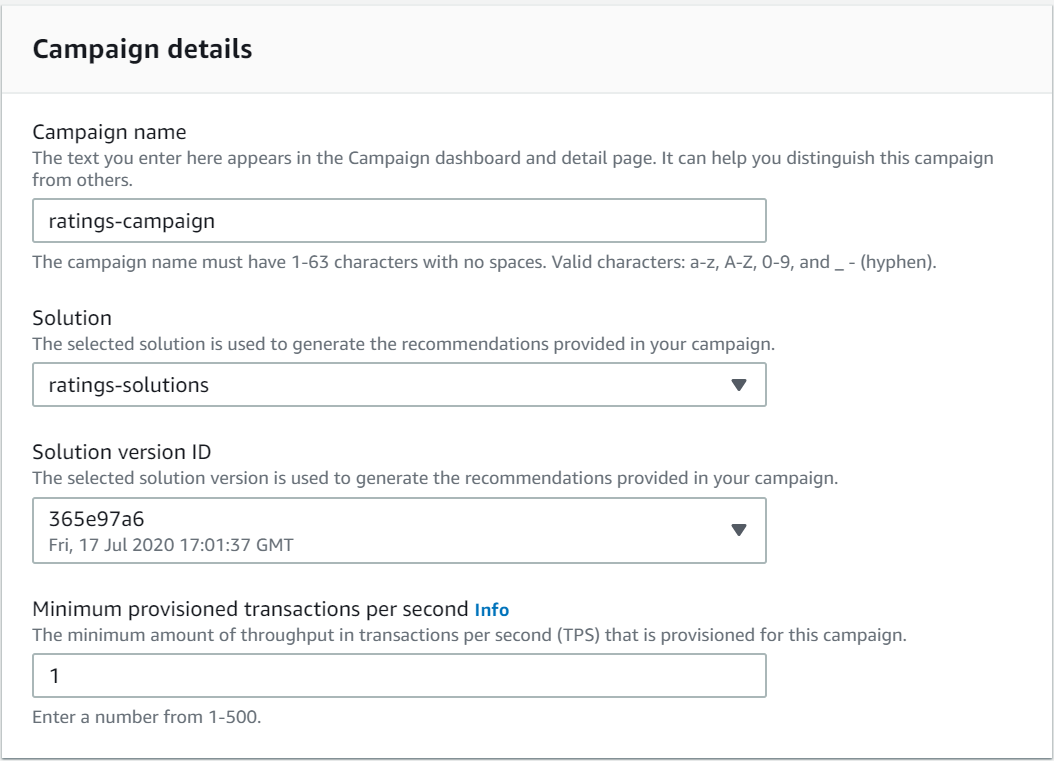 AWS Personalize - Detalhes de criação da campanha. AWS Personalize - Detalhes de criação da campanha.