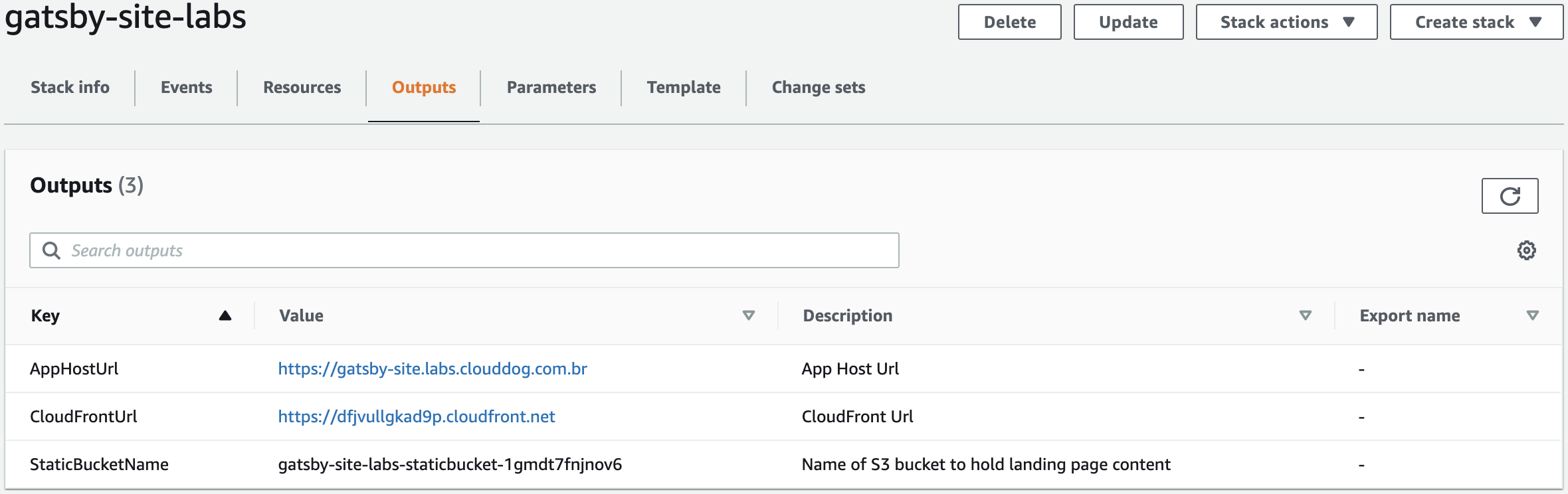 Como Disponibilizar um site em GatsbyJS na Amazon Web Services - Passo 6: Outputs do Stack do Gatsby Como Disponibilizar um site em GatsbyJS na Amazon Web Services - Passo 6: Outputs do Stack do Gatsby