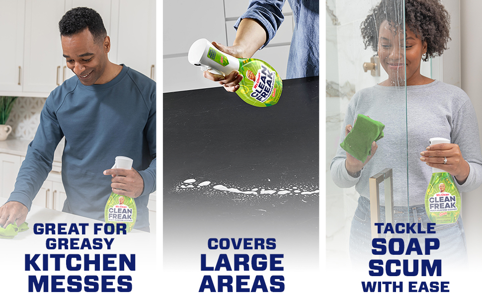 People cleaning various surfaces with Mr. Clean CleanFreak Gain