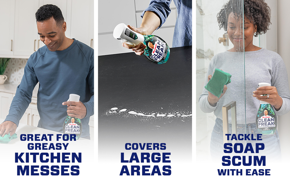Cleaning various home surfaces with a Mr. Clean CleanFreak Unstopables Fresh - Great For Greasy Kitchen Messes, Covers Large Area, Tackle Soap Scum With Ease