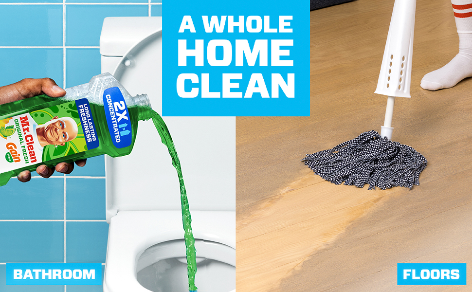 Multi-Surface Cleaner with Gain Original Fresh Scent, cleaning the toilet and the floor, Cuts Through Dirt