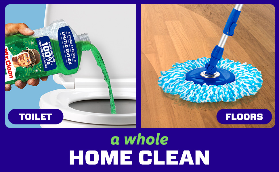 Liquid cleaner being poured into a toilet on the left, with a mop cleaning a wooden floor on the right, advertising home cleaning solutions