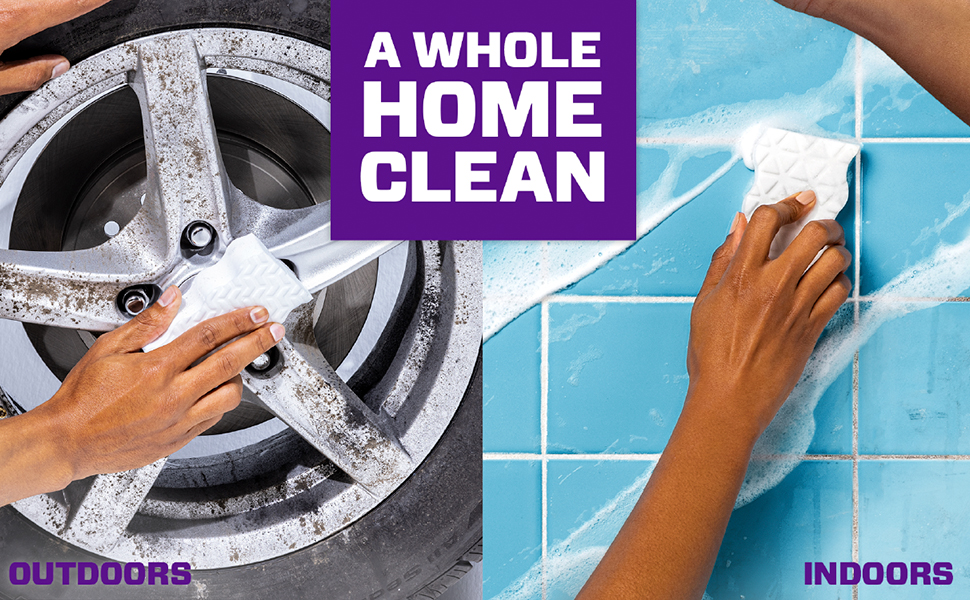 Mr. Clean Magic Eraser Ultra Foamy, cleaning a dirty car rim and bathroom tiles, a Whole Home Clean