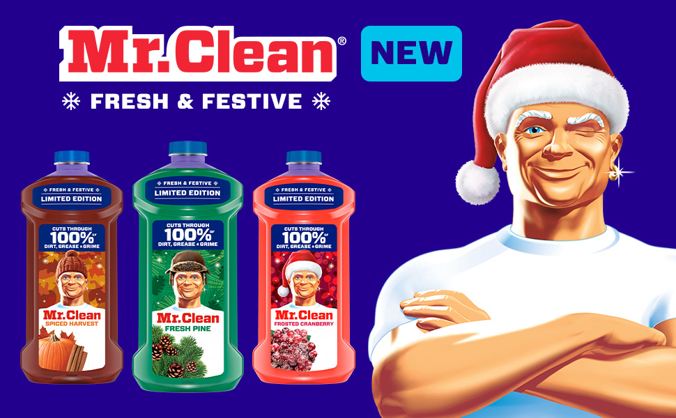 Mr Clean Fresh and Festive limited edition cleaning products featuring holiday scents and a cheerful character in a Santa hat