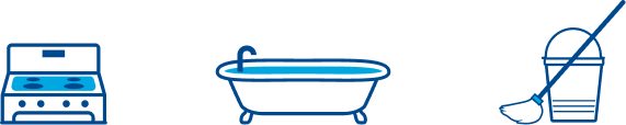 Illustrations of stove, bathtub, and mop
