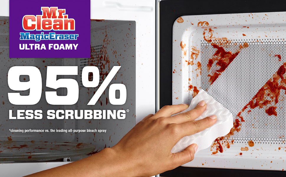 Mr. Clean Magic Eraser Ultra Foamy, cleaning a dirty microwave, 95% Less Scrubbing