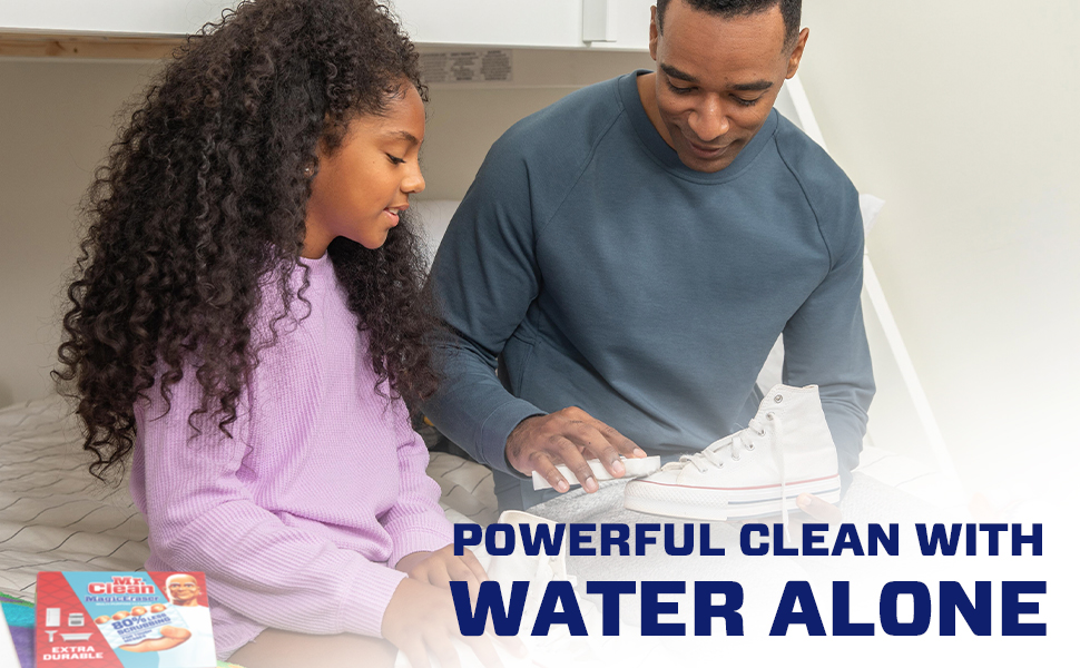 Mr. Clean Magic Eraser Extra Durable, a child and a person cleaning shoes, Powerful Clean With Water Alone