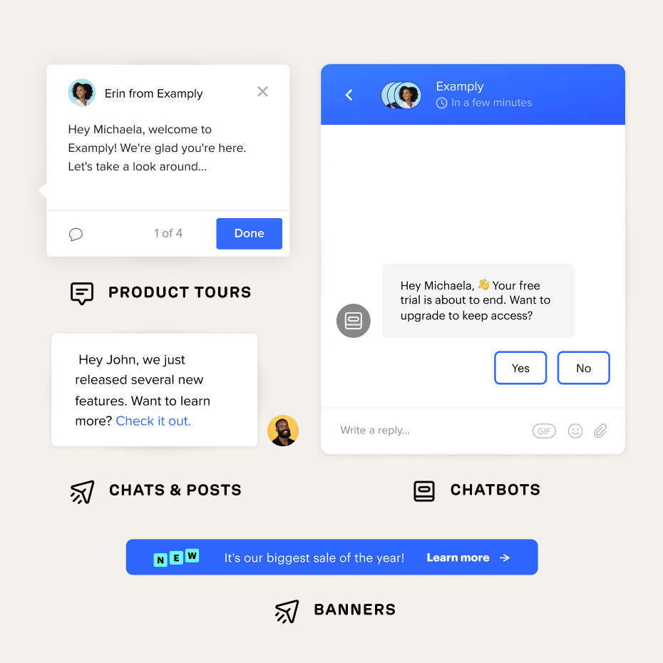 Reach your customers directly in your product with in-product messages.