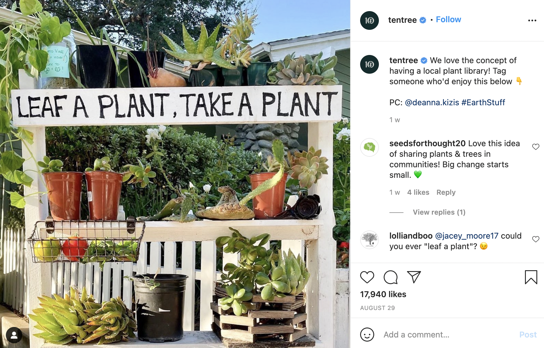 Tentree Instagram post "Leaf a Plant, Take a Plant"