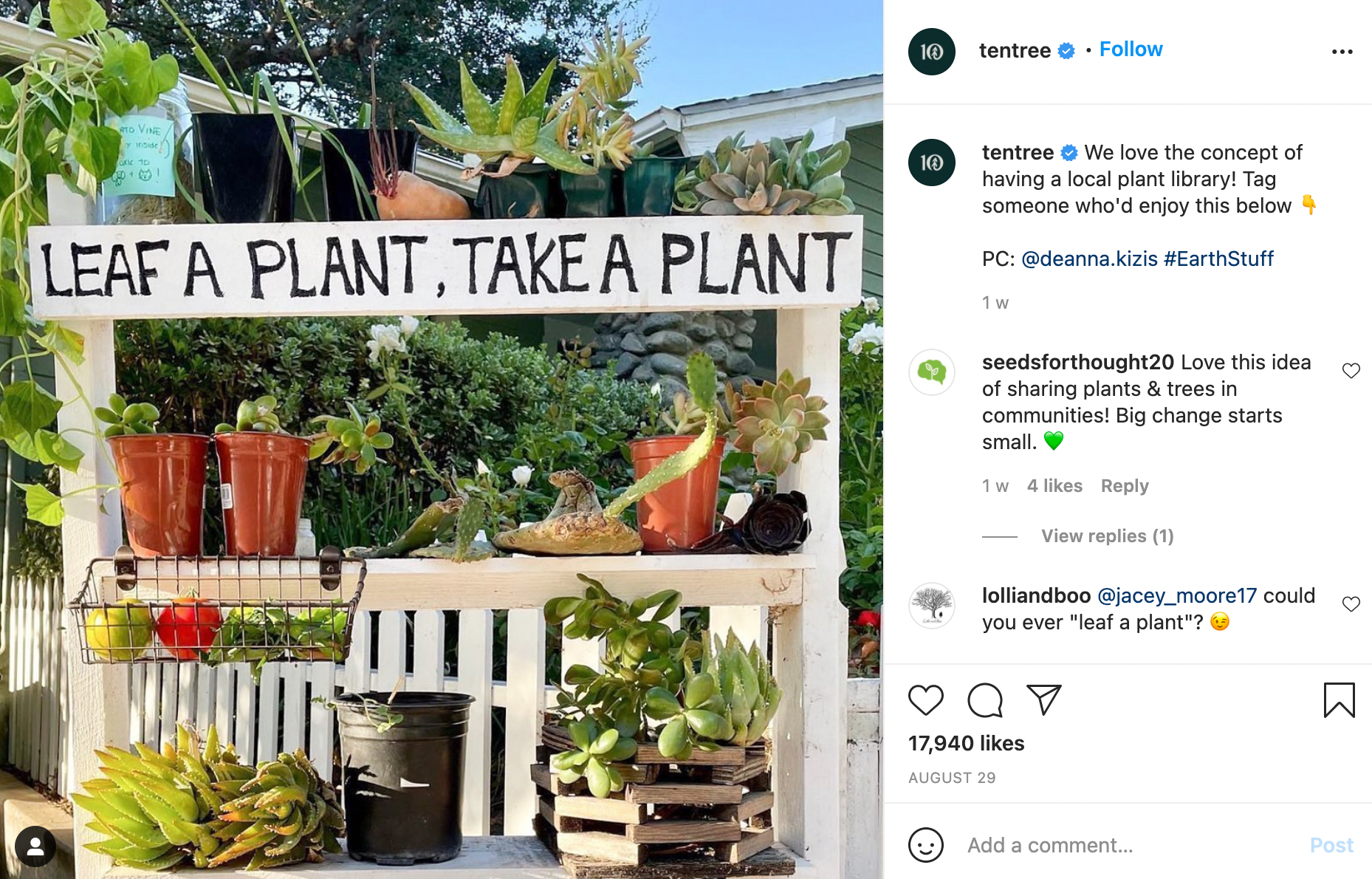 Tentree Instagram post "Leaf a Plant, Take a Plant"