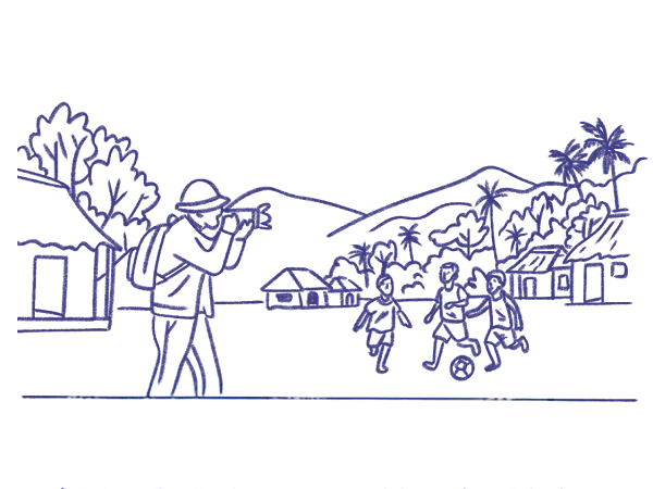 Blue line illustrations showing a photographer, children playing soccer, open toolboxes, a no-photography symbol, and a person on a phone. Blue line illustrations showing a photographer, children playing soccer, open toolboxes, a no-photography symbol, and a person on a phone.