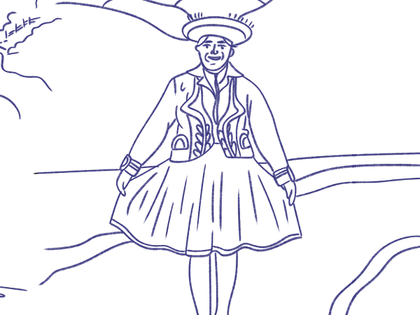 Blue line illustration of a woman in traditional Andean dress and hat, another woman eating from bowls, with a mountain village background. Blue line illustration of a woman in traditional Andean dress and hat, another woman eating from bowls, with a mountain village background.