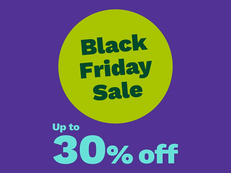 Black Friday Sale promotional banner with a green circle on purple background, offering up to 30% off in light blue text. Black Friday Sale promotional banner with a green circle on purple background, offering up to 30% off in light blue text.