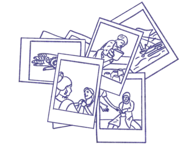 Blue line drawing of scattered polaroid photos showing people helping, cooking, and interacting in various community scenes. Blue line drawing of scattered polaroid photos showing people helping, cooking, and interacting in various community scenes.