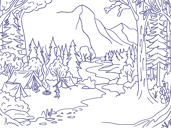 Blue and white line drawing of a campsite with tents, campfire, people, trees, a winding river, and mountains in the background. Blue outline drawing of a forest campsite with tents, campfire, people, trees, a winding river, and mountains in the background.