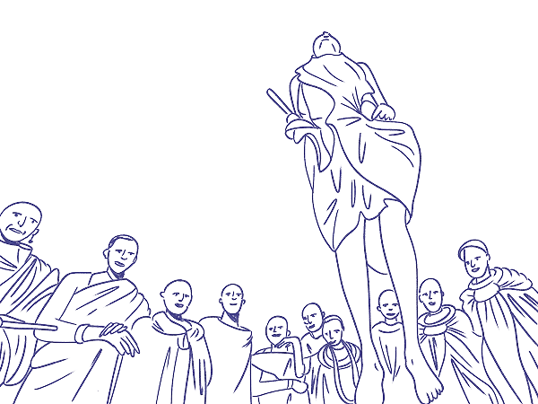Blue outline drawing of a robed figure ascending above a group of robed, shaved-head followers looking up. Blue outline drawing of robed figures gathered around a tall central figure holding a staff, resembling monks or disciples.