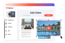 Issuu-Benutzeroberfläche, wie man Videos zu einer Publikation hinzufügt.