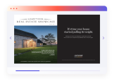 Immobilienangebot in Vollbild-Leser-Desktop-Ansicht, grafische Benutzeroberfläche Steinweg, der durch Gras zum Haus mit beleuchteter Veranda führt