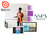 Teacher using digital textbooks and online learning materials with Issuu including Issuu and NSPA logos
