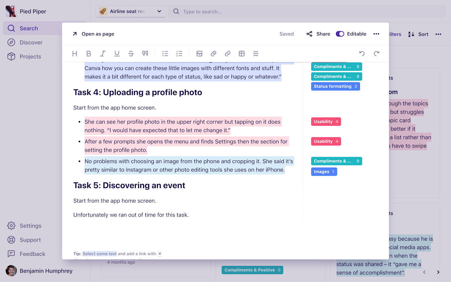 Screenshot of a modal dialog with usability testing notes on top of search results.