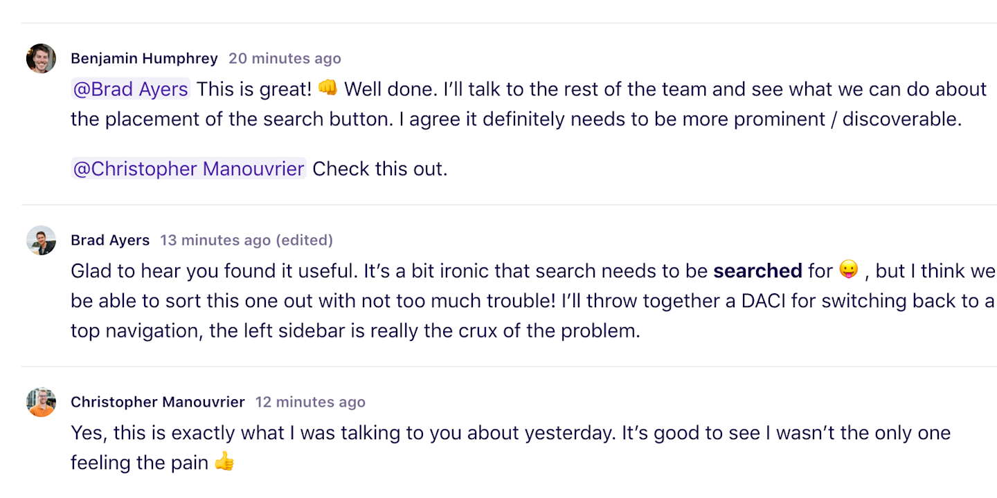 Screenshot of a discussion in Dovetail using comments.