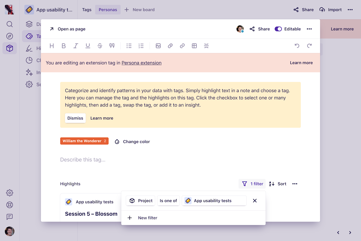 A dialog showing an extension tag with a filter applied to the highlights.